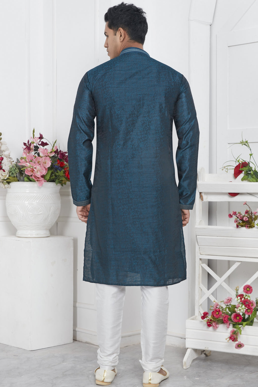 Teal Blue Jacquard Silk Plain Straight Kurta Pajama for Men for Wedding & Festival