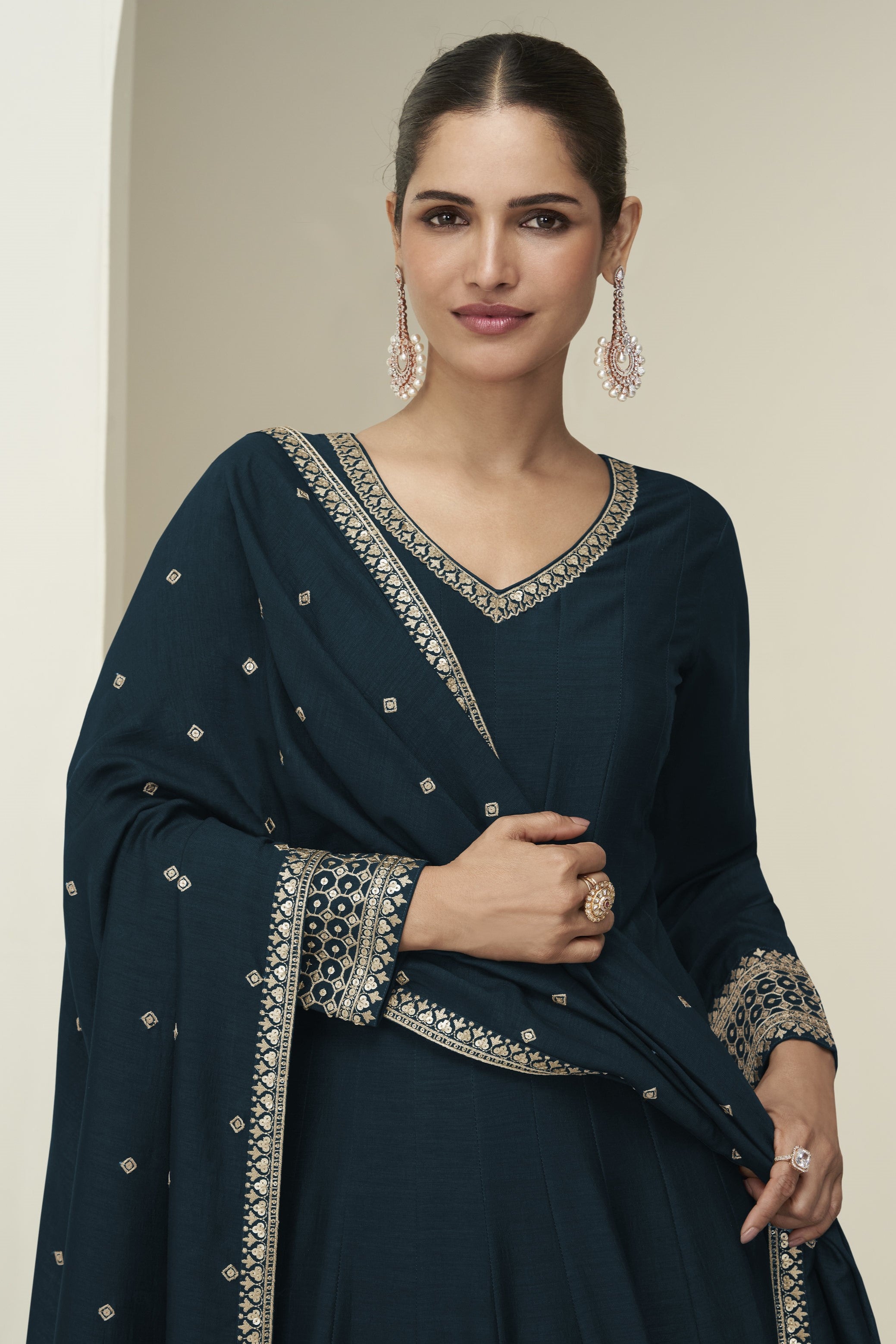 Teal Premium Silk Anarkali Dress for Wedding with Thread and Sequins Embroidery Work