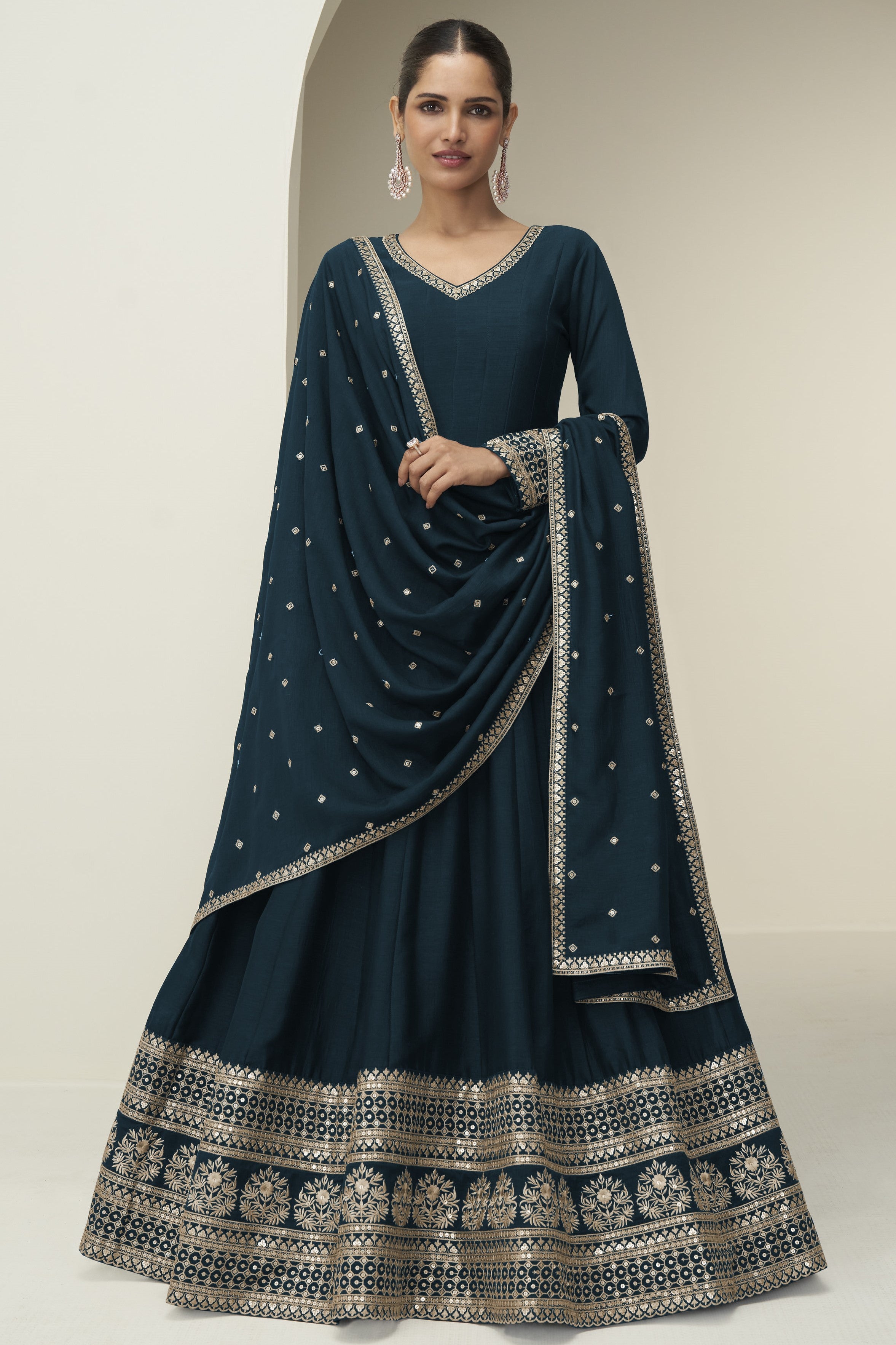 Teal Premium Silk Anarkali Dress for Wedding with Thread and Sequins Embroidery Work