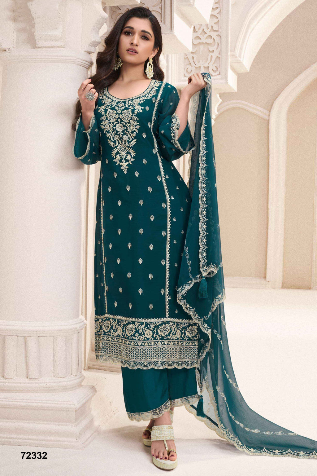 Teal Chiffon Silk Long Kameez Pant Suit For Indian Festivals & Weddings - Embroidery Work