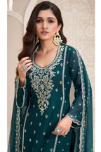 Teal Chiffon Silk Long Kameez Pant Suit For Indian Festivals & Weddings - Embroidery Work