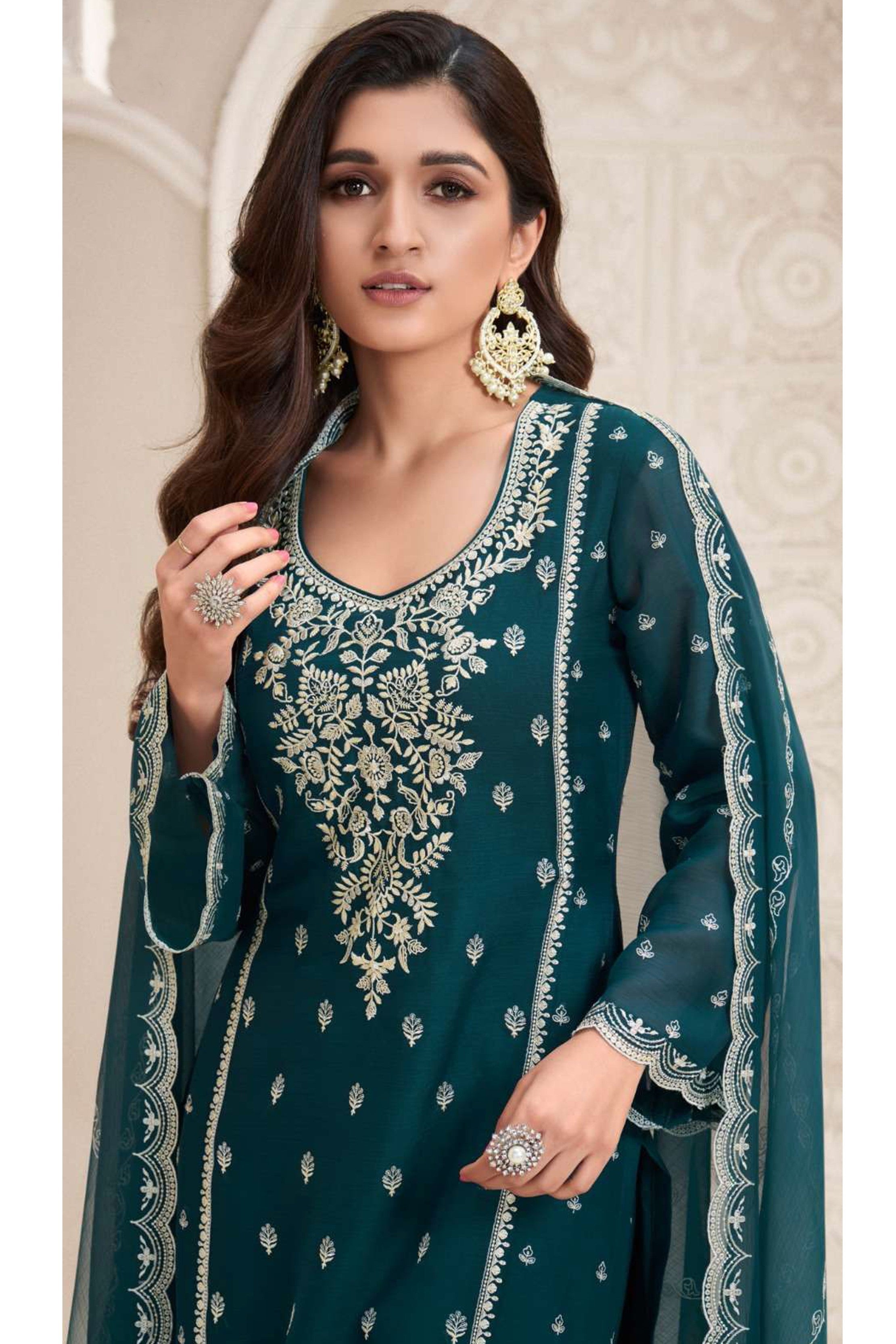 Teal Chiffon Silk Long Kameez Pant Suit For Indian Festivals & Weddings - Embroidery Work