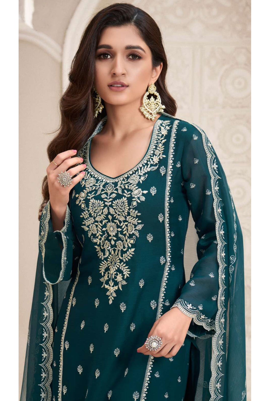 Teal Chiffon Silk Long Kameez Pant Suit For Indian Festivals & Weddings - Embroidery Work