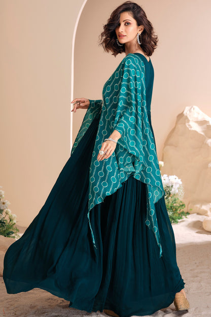 Teal Chinon Silk Anarkali Gown For Indian Festivals & Pakistani Weddings Dress - Embroidery Work, Print Work