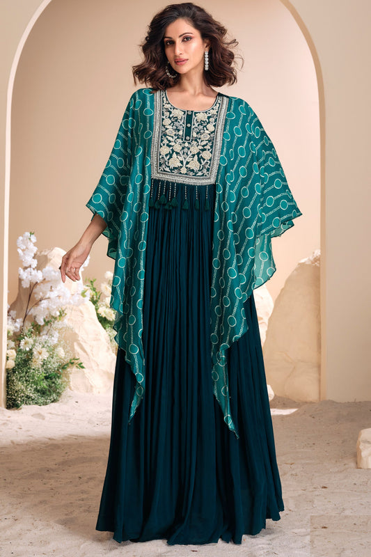 Teal Chinon Silk Anarkali Gown For Indian Festivals & Pakistani Weddings Dress - Embroidery Work, Print Work