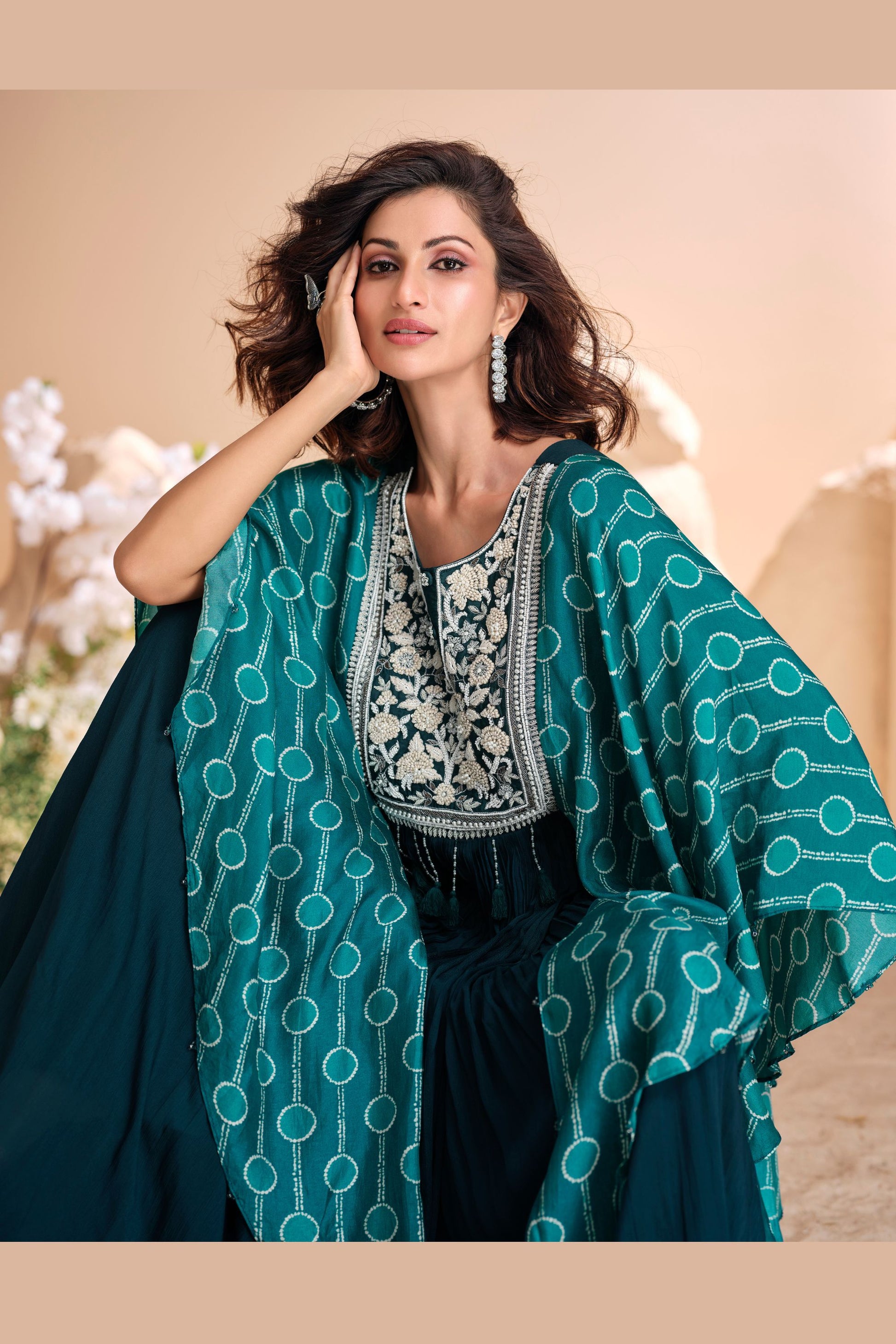 Teal Chinon Silk Anarkali Gown For Indian Festivals & Pakistani Weddings Dress - Embroidery Work, Print Work