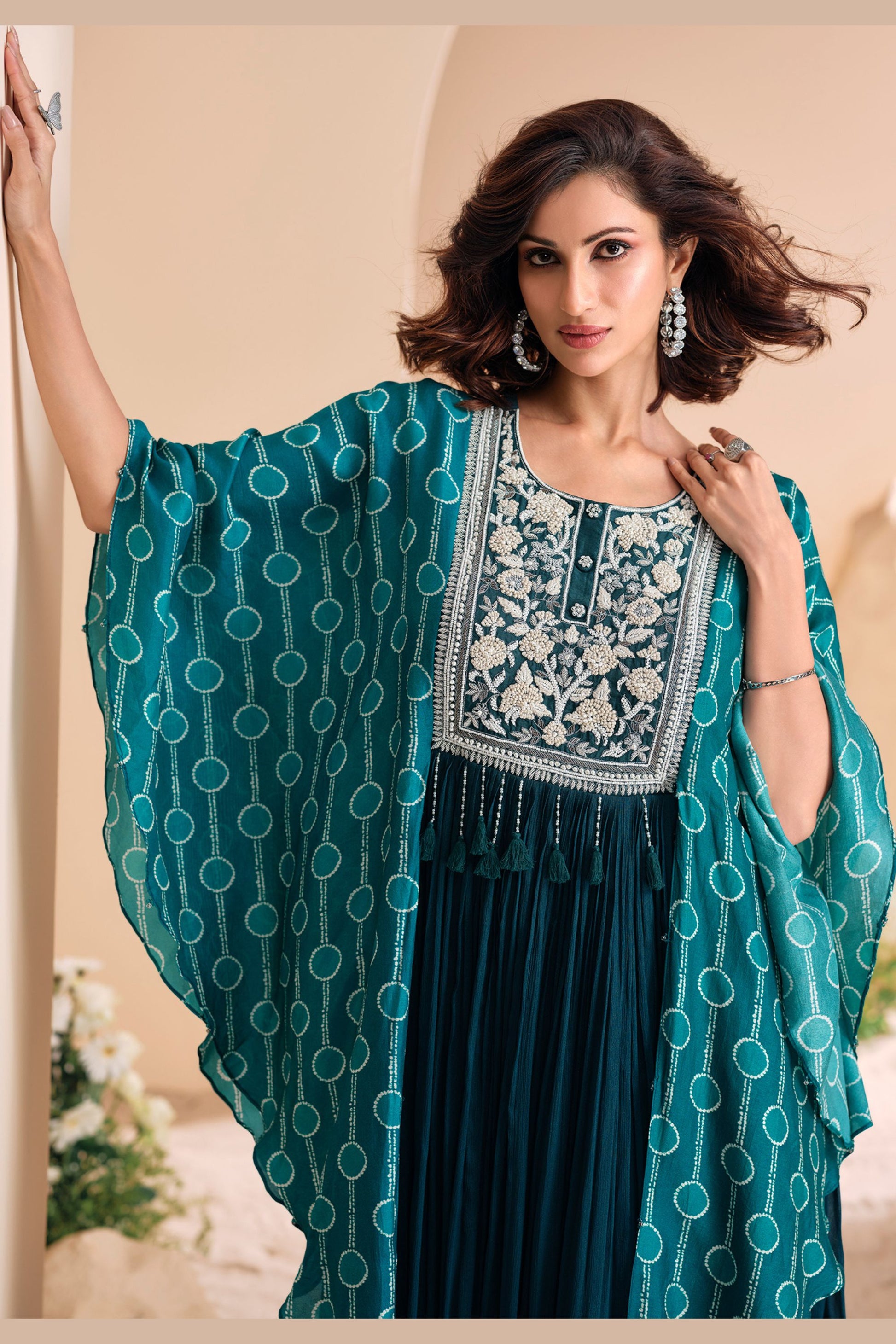 Teal Chinon Silk Anarkali Gown For Indian Festivals & Pakistani Weddings Dress - Embroidery Work, Print Work