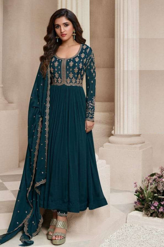 Teal Chinon Silk Anarkali Suit For Indian Festivals & Pakistani Weddings Dress - Embroidery Work