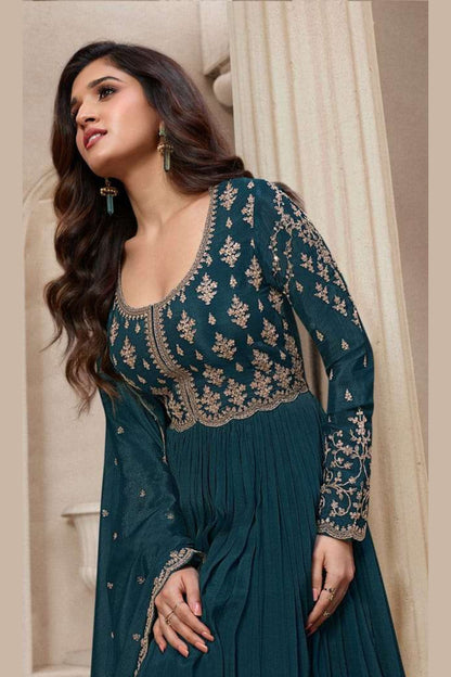 Teal Chinon Silk Anarkali Suit For Indian Festivals & Pakistani Weddings Dress - Embroidery Work