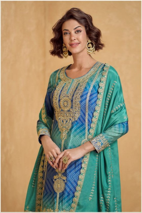 Teal Chinon Silk Bandhani Palazzo Suits with Bandhni Print & Embroidery Work