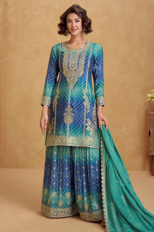 Teal Chinon Silk Bandhani Palazzo Suits with Bandhni Print & Embroidery Work