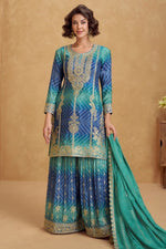 Teal Chinon Silk Bandhani Palazzo Suits with Bandhni Print & Embroidery Work