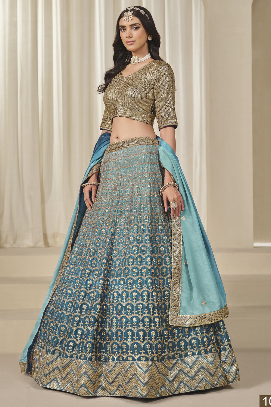 Teal Chinon Silk Dual Color Lehenga Choli For Indian & Pakistani Wedding Festival - Thread & Sequence Embroidery Work