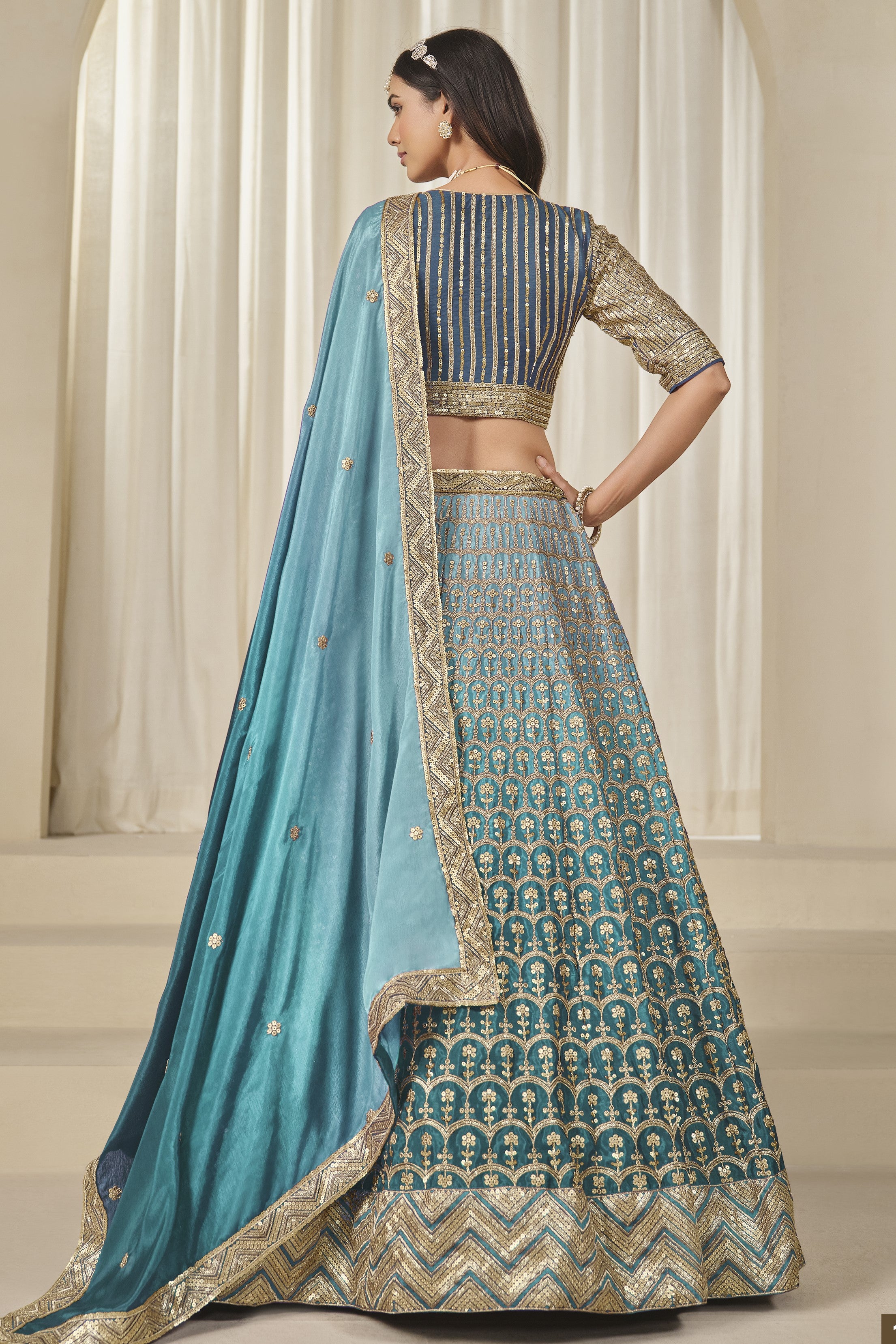 Teal Chinon Silk Dual Color Lehenga Choli For Indian & Pakistani Wedding Festival - Thread & Sequence Embroidery Work