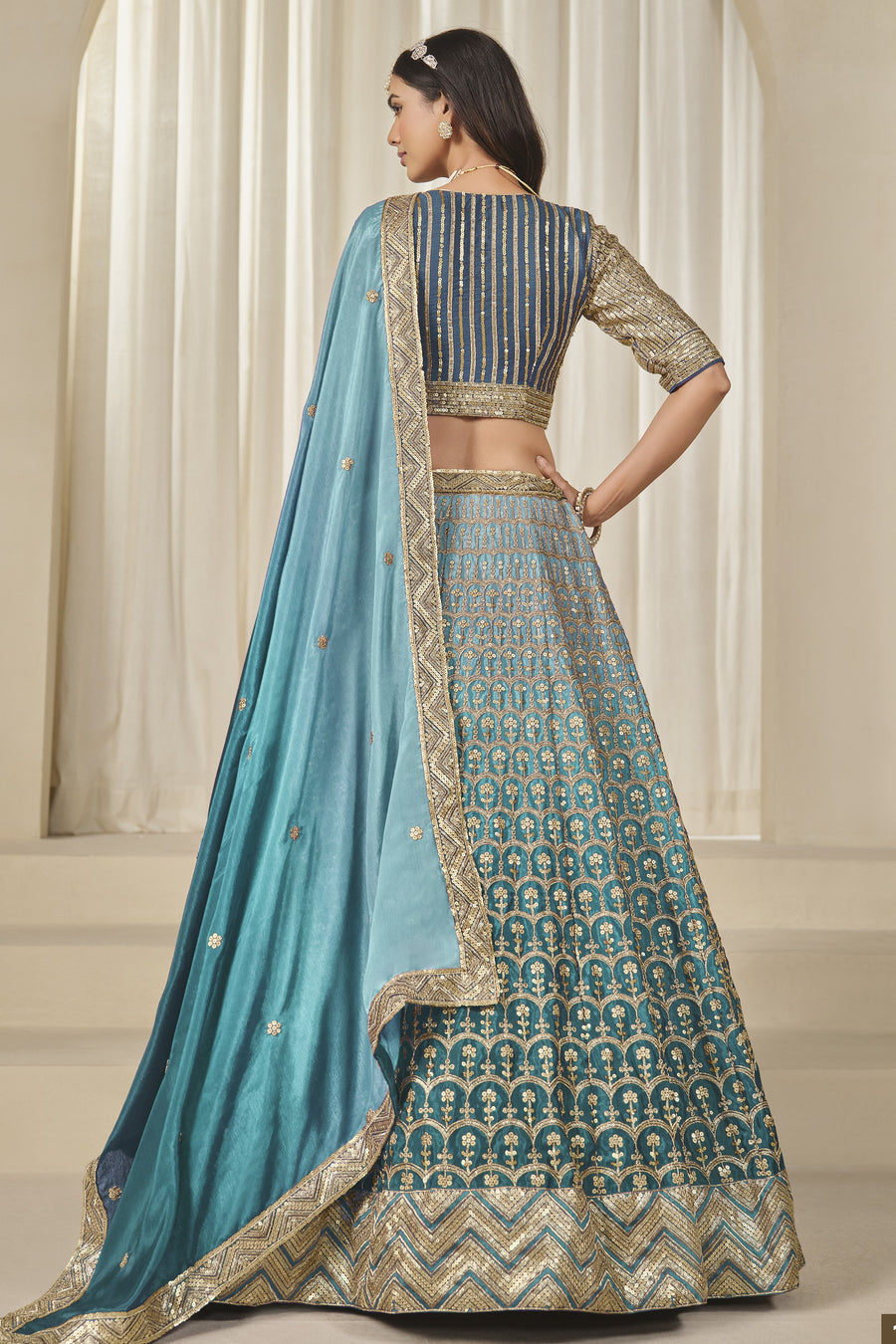 Teal Chinon Silk Dual Color Lehenga Choli For Indian & Pakistani Wedding Festival - Thread & Sequence Embroidery Work