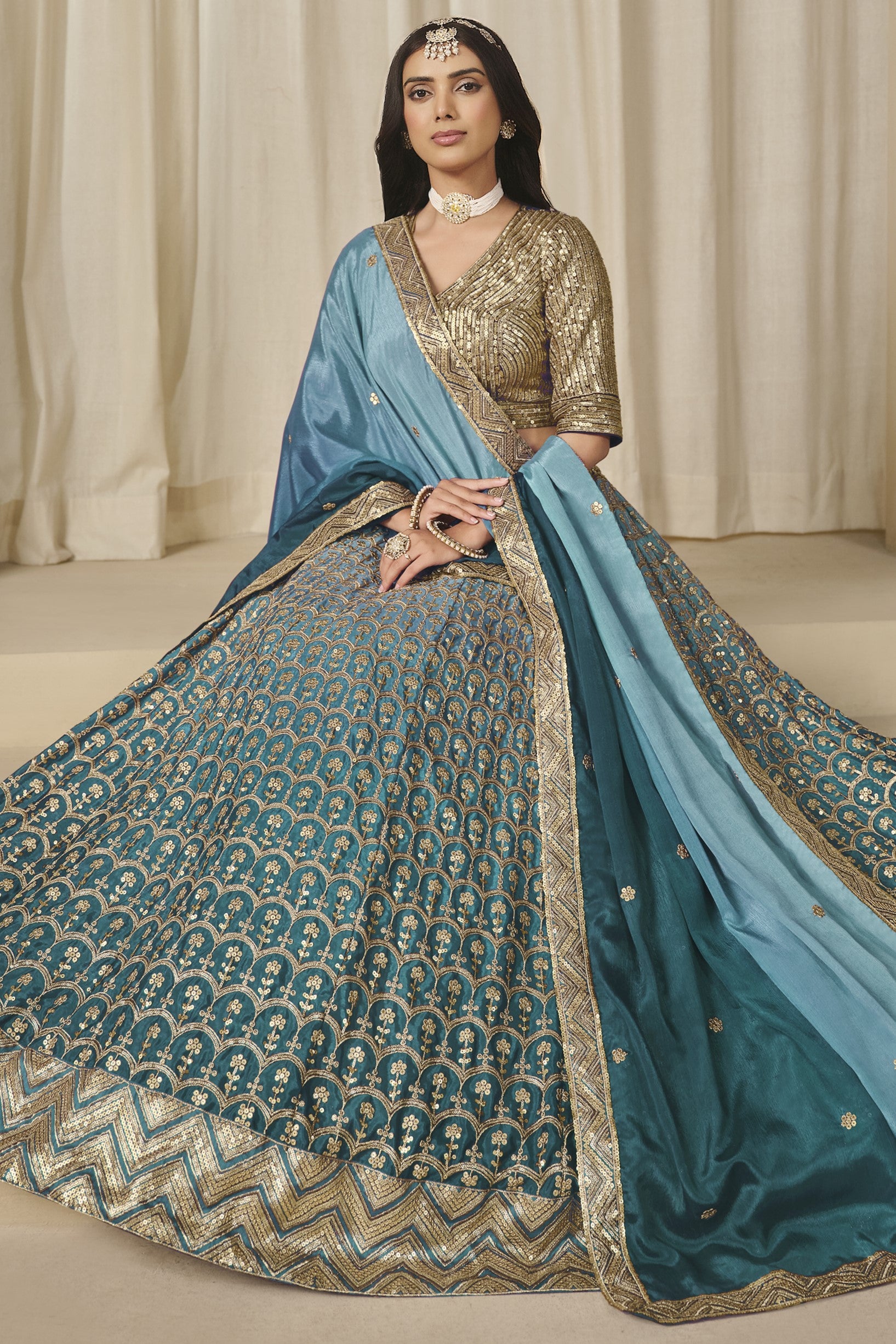 Teal Chinon Silk Dual Color Lehenga Choli For Indian & Pakistani Wedding Festival - Thread & Sequence Embroidery Work