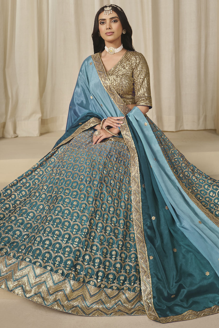 Teal Chinon Silk Dual Color Lehenga Choli For Indian & Pakistani Wedding Festival - Thread & Sequence Embroidery Work