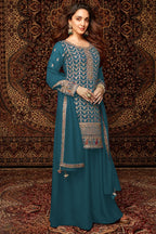Teal Chinon Silk Kameez With Palazzo Suit For Indian & Pakistani Wedding Festival - Thread & Sequence Embroidery