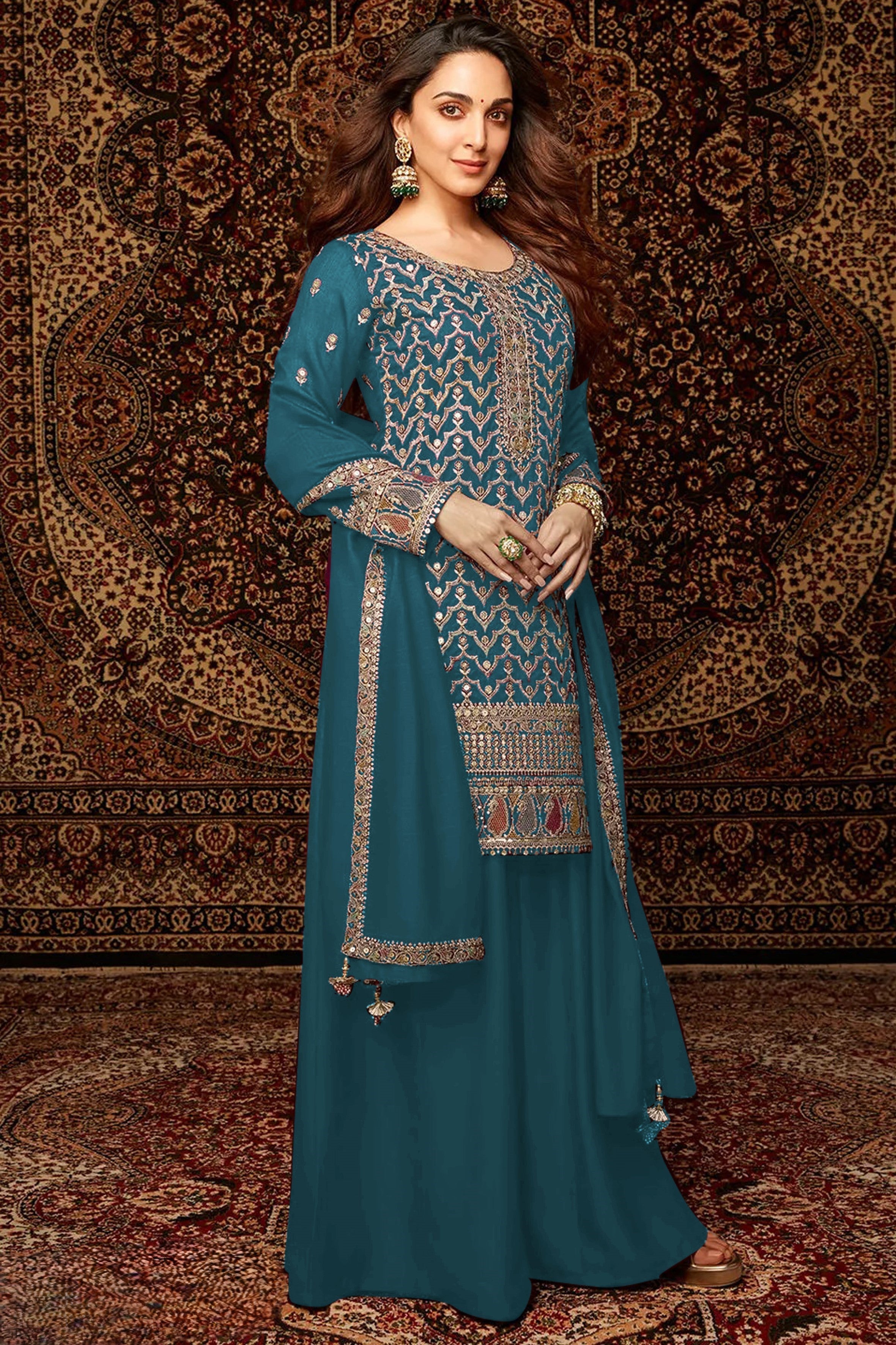 Teal Chinon Silk Kameez With Palazzo Suit For Indian & Pakistani Wedding Festival - Thread & Sequence Embroidery