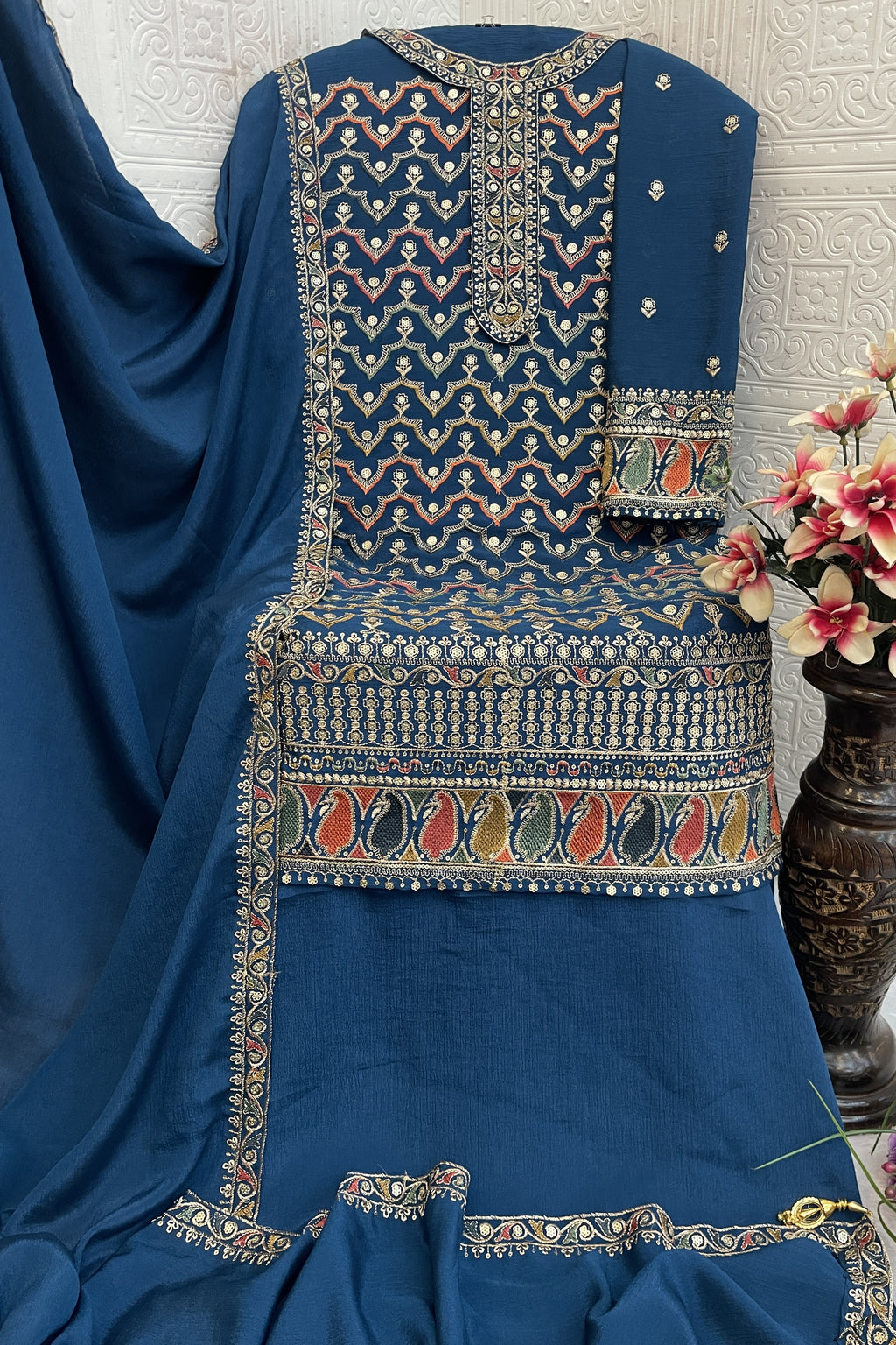 Teal Chinon Silk Kameez With Palazzo Suit For Indian & Pakistani Wedding Festival - Thread & Sequence Embroidery