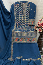 Teal Chinon Silk Kameez With Palazzo Suit For Indian & Pakistani Wedding Festival - Thread & Sequence Embroidery