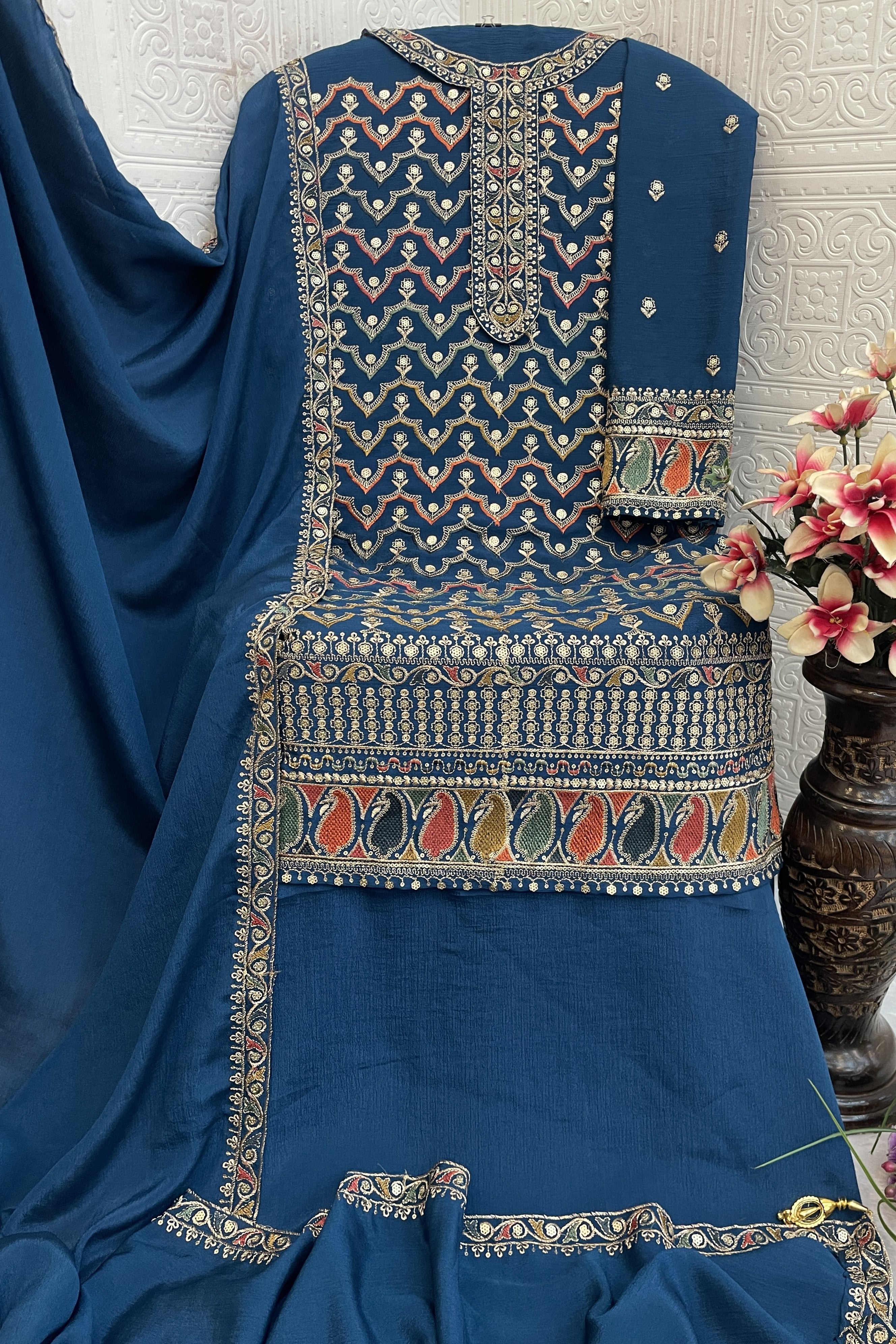 Teal Chinon Silk Kameez With Palazzo Suit For Indian & Pakistani Wedding Festival - Thread & Sequence Embroidery