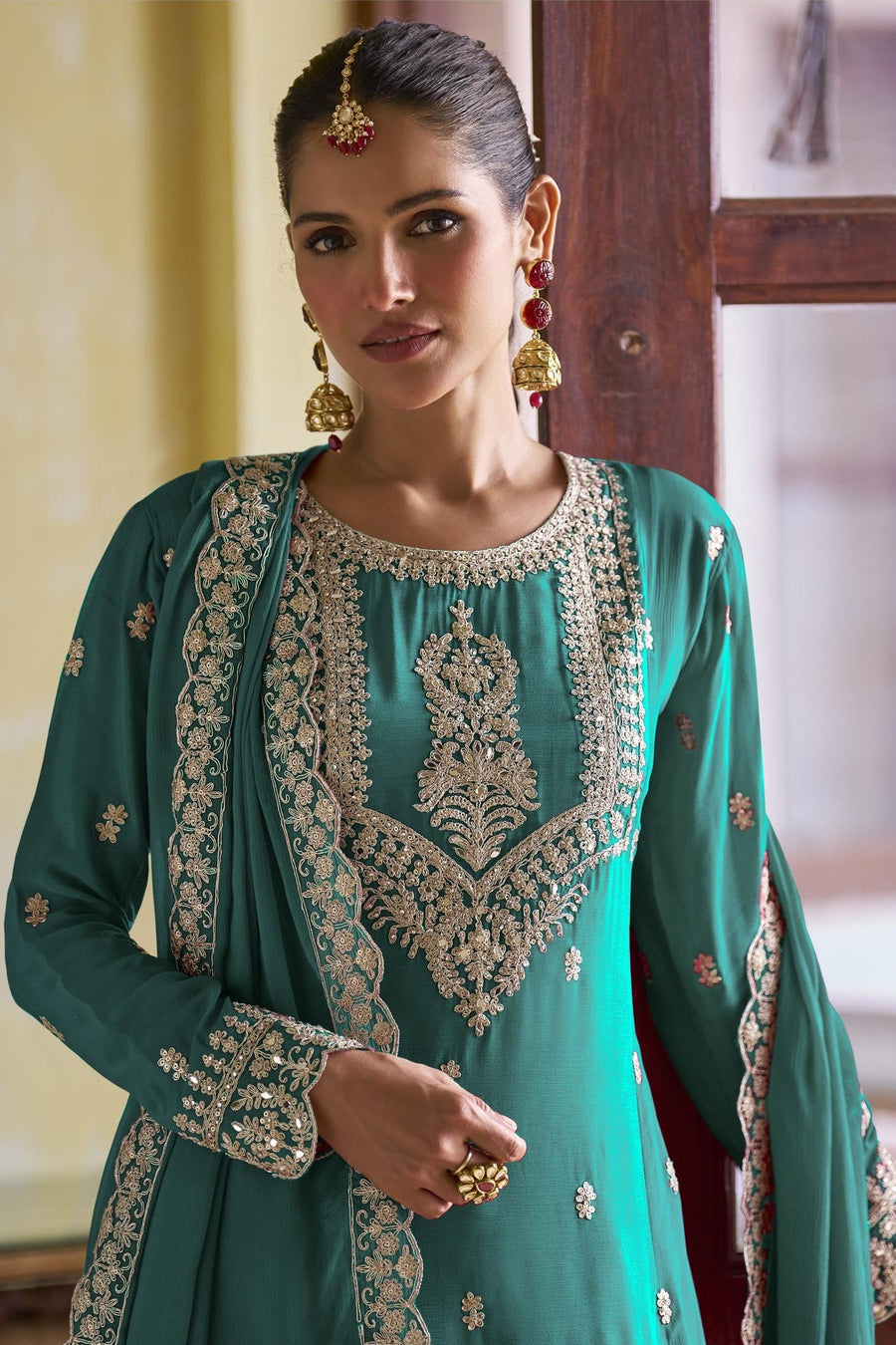 Teal Chinon Silk Kameez With Pant For Indian & Pakistani Wedding Festival - Sequins Embroidery Work, Dori Work