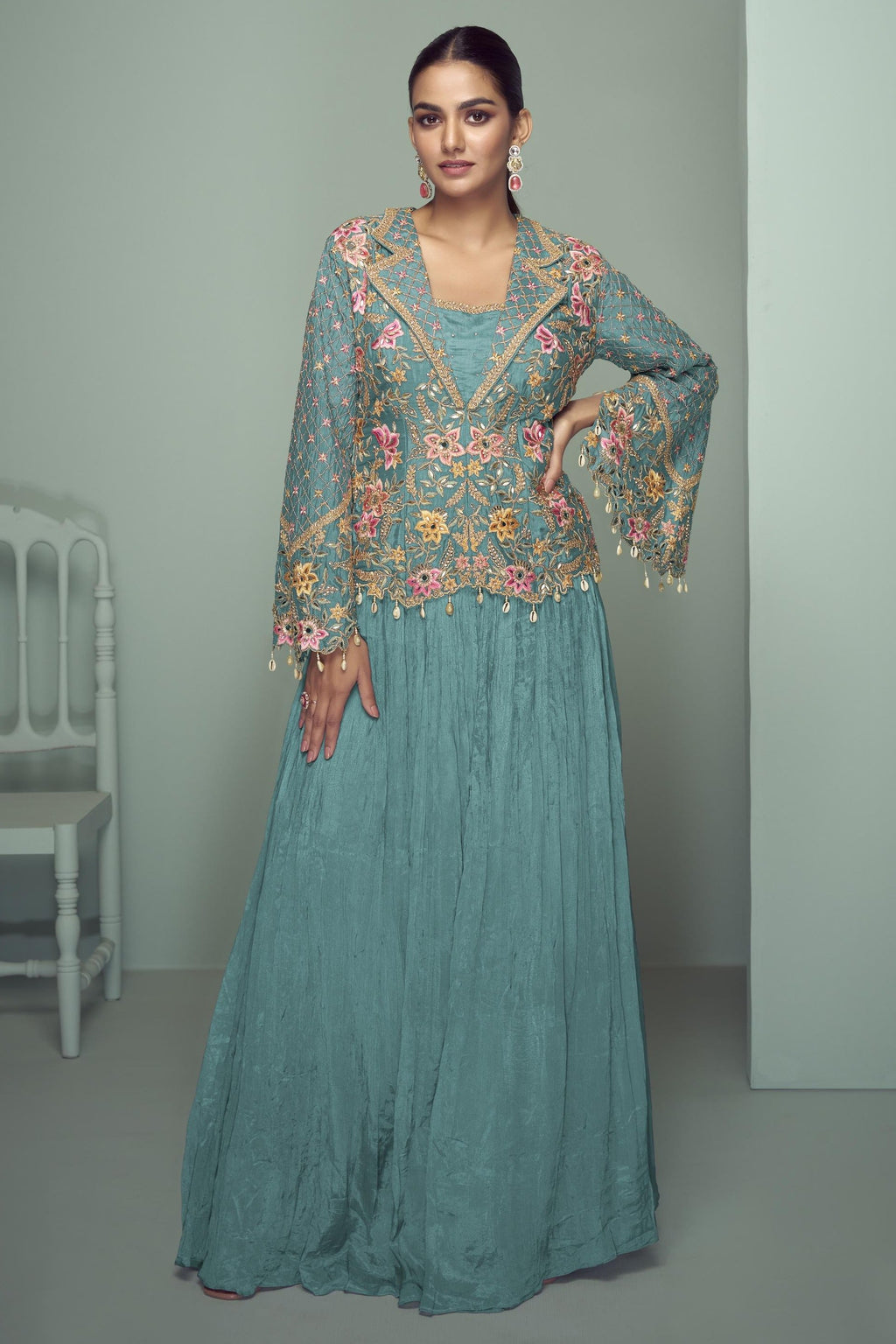 Teal Chinon Silk Kameez With Skirt For Indian & Pakistani Wedding Festival - Thread Embroidery Work, Real Mirror Work, Dori Work