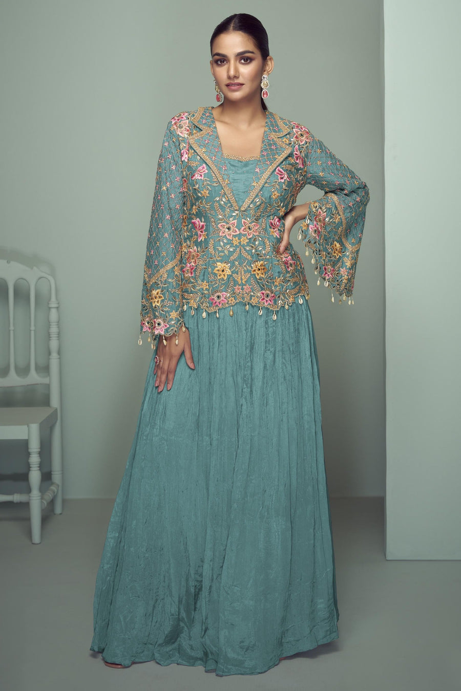 Teal Chinon Silk Kameez With Skirt For Indian & Pakistani Wedding Festival - Thread Embroidery Work, Real Mirror Work, Dori Work