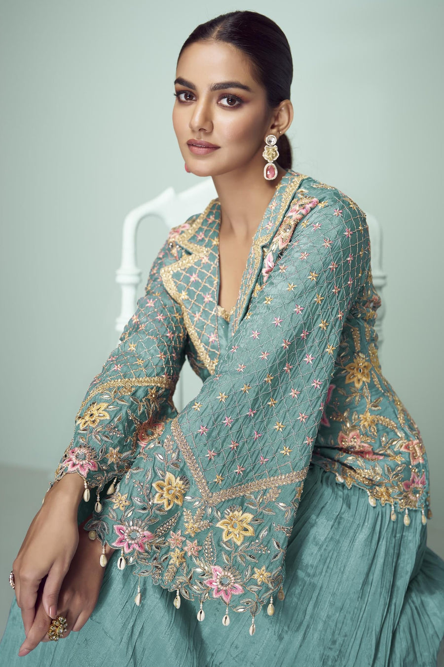 Teal Chinon Silk Kameez With Skirt For Indian & Pakistani Wedding Festival - Thread Embroidery Work, Real Mirror Work, Dori Work