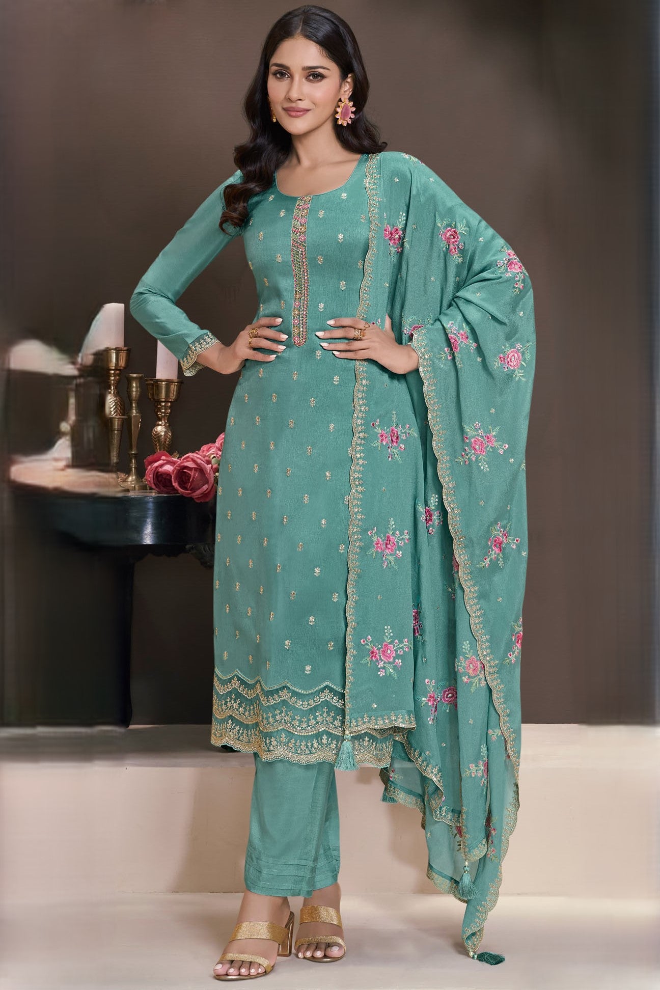 Teal Chinon Silk Kameez with Pant For Ladies Indian Festivals & Weddings - Embroidery Work