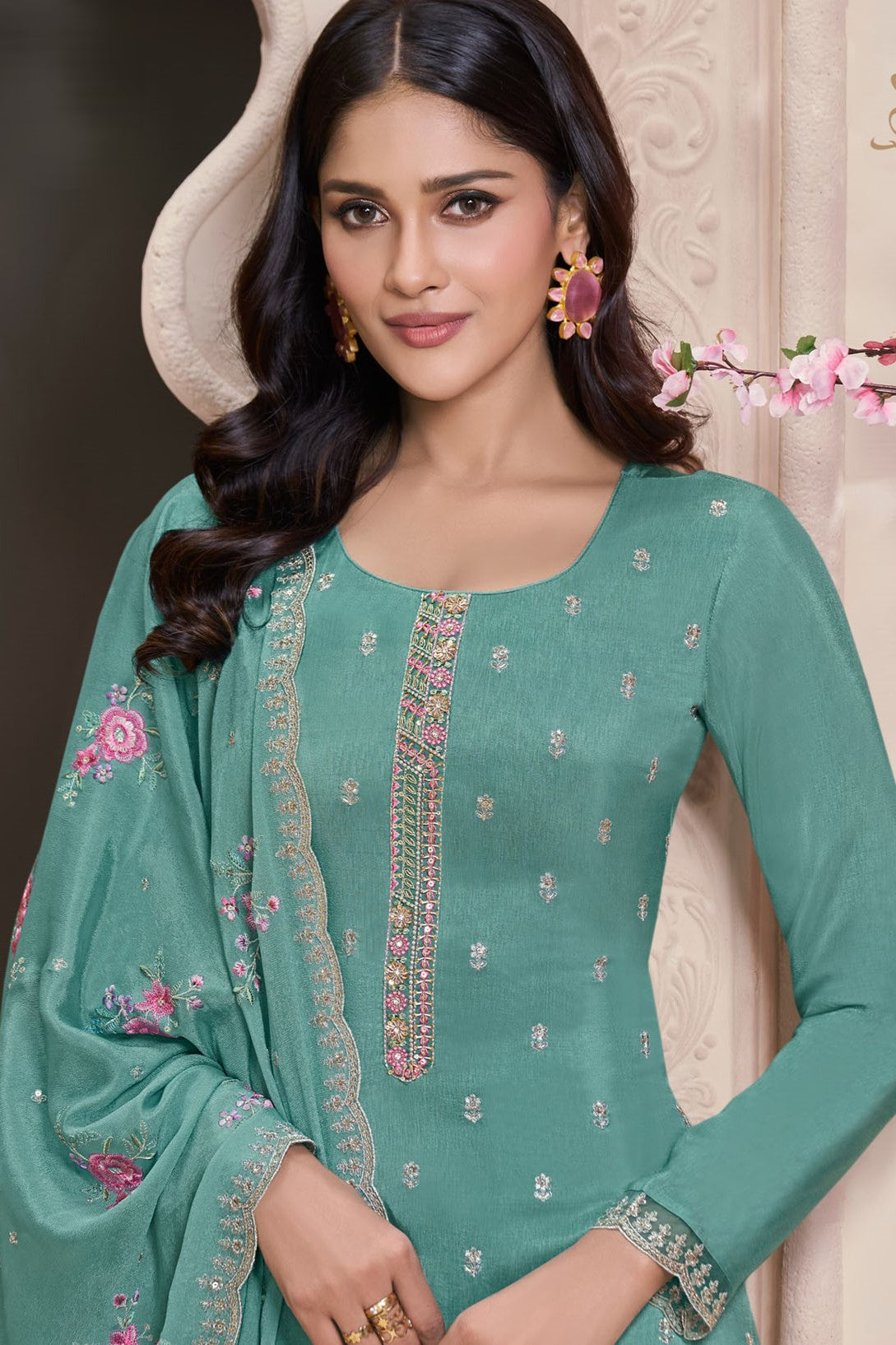 Teal Chinon Silk Kameez with Pant For Ladies Indian Festivals & Weddings - Embroidery Work