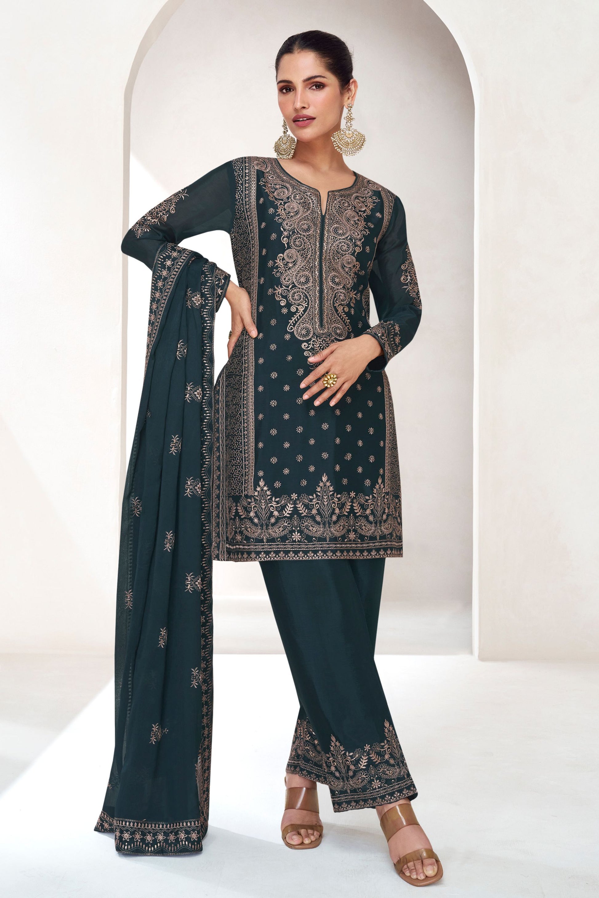 Teal Chinon Silk Salwar Suit For Indian Festivals & Pakistani Weddings - Embroidery Work