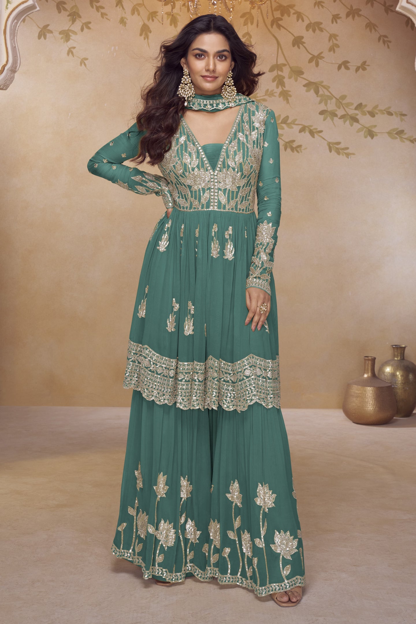 Rama Chinon Silk Latest Plazo Design for Wedding with Thread and Sequins Embroidery