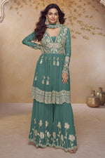 Teal Chinon Silk Latest Plazo Design for Wedding with Embroidery