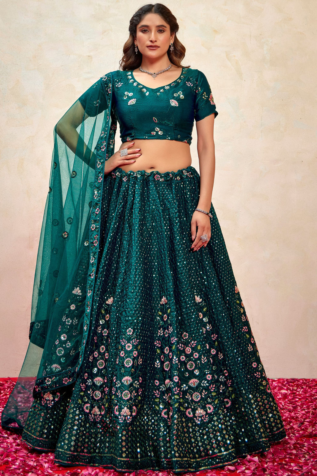 Teal Silk Lehenga Choli For Indian Festivals & Pakistani Weddings Dress - Thread Embroidery Work, Sequence Embroidery Work