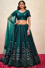 Teal Chinon Silk Lehenga Choli For Indian Festivals & Pakistani Weddings Dress - Thread Embroidery Work, Sequence Embroidery Work