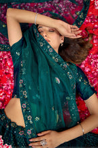 Teal Silk Lehenga Choli For Indian Festivals & Pakistani Weddings Dress - Thread Embroidery Work, Sequence Embroidery Work
