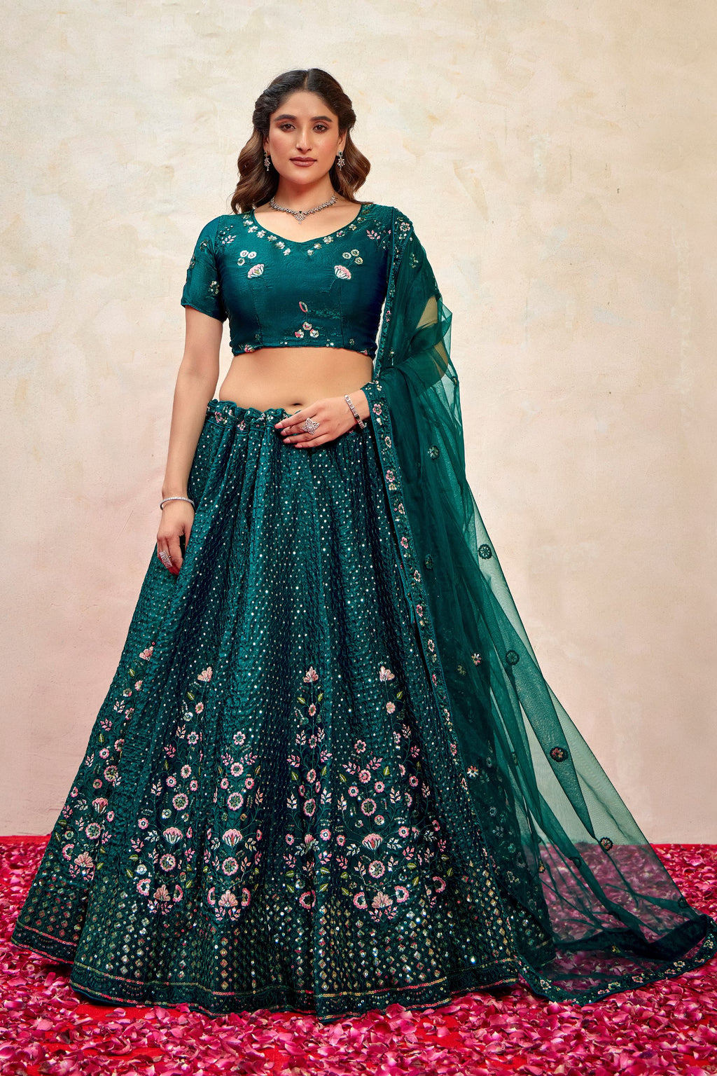 Teal Silk Lehenga Choli For Indian Festivals & Pakistani Weddings Dress - Thread Embroidery Work, Sequence Embroidery Work
