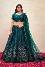 Teal Silk Lehenga Choli For Indian Festivals & Pakistani Weddings Dress - Thread Embroidery Work, Sequence Embroidery Work