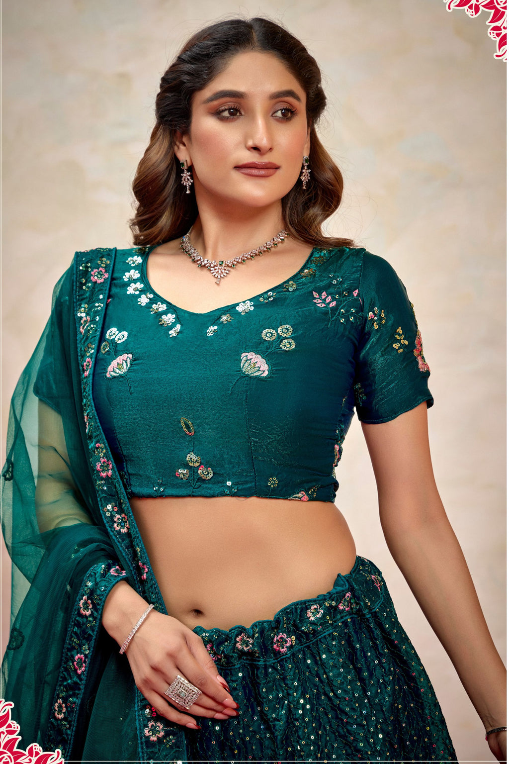 Teal Silk Lehenga Choli For Indian Festivals & Pakistani Weddings Dress - Thread Embroidery Work, Sequence Embroidery Work
