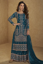 Teal Chinon Silk Long Kameez with Plazo in Sequins & Thread Work