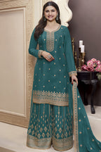 Teal Chinon Silk Palazzo Suit For Indian Wedding & Pakistani Festival - Embroidery Work