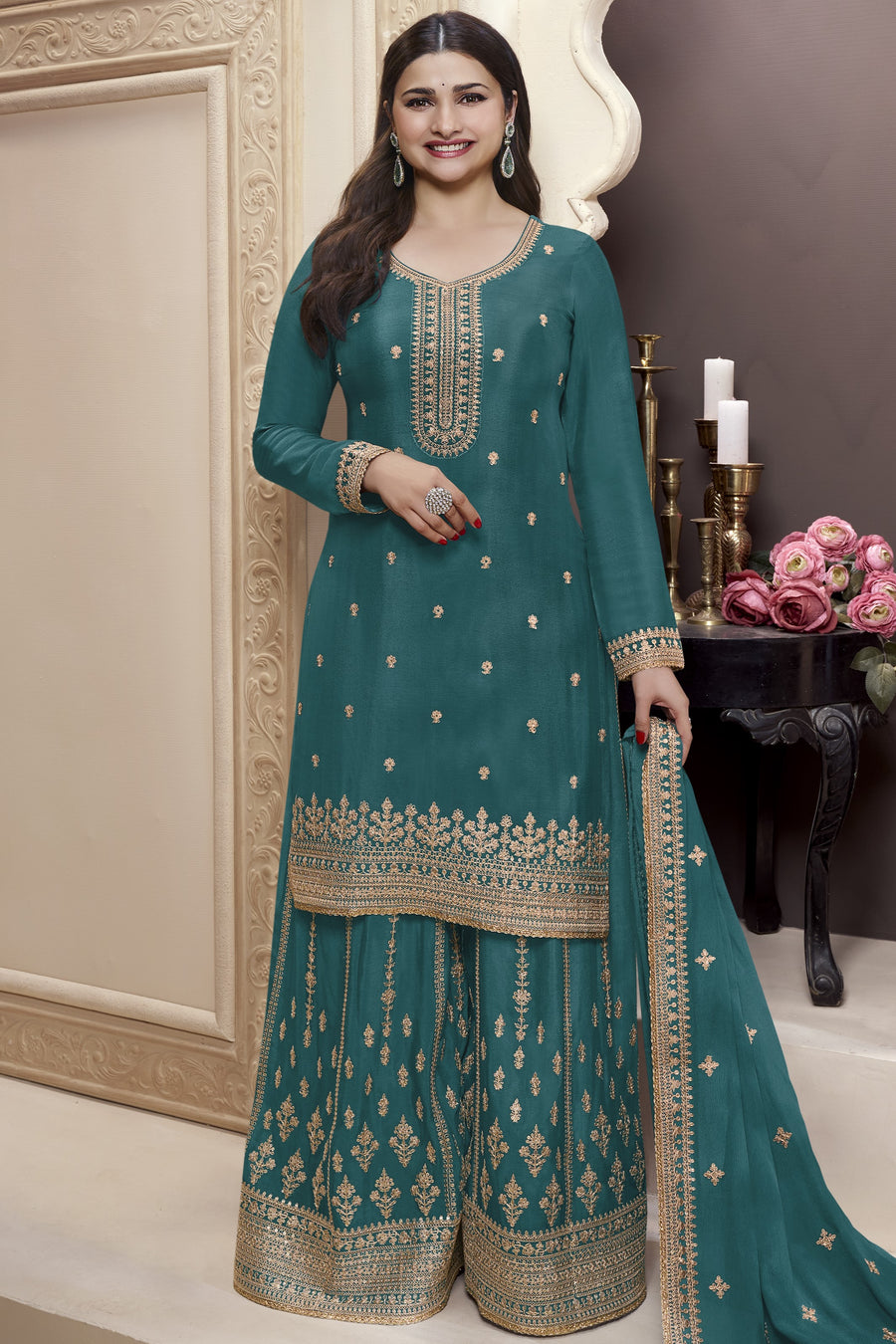 Teal Chinon Silk Palazzo Suit For Indian Wedding & Pakistani Festival - Embroidery Work