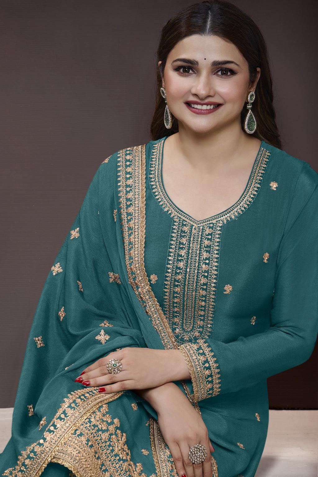 Teal Chinon Silk Palazzo Suit For Indian Wedding & Pakistani Festival - Embroidery Work
