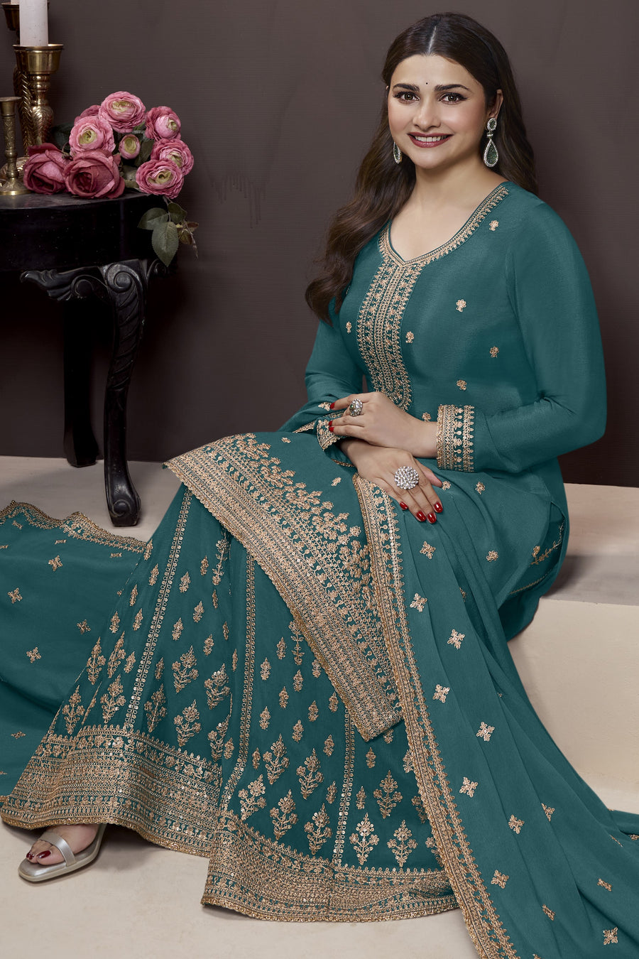 Teal Chinon Silk Palazzo Suit For Indian Wedding & Pakistani Festival - Embroidery Work