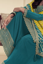 Teal Chinon Silk Palazzo Suit For Indian Wedding & Pakistani Festival - Embroidery Work, Print Work