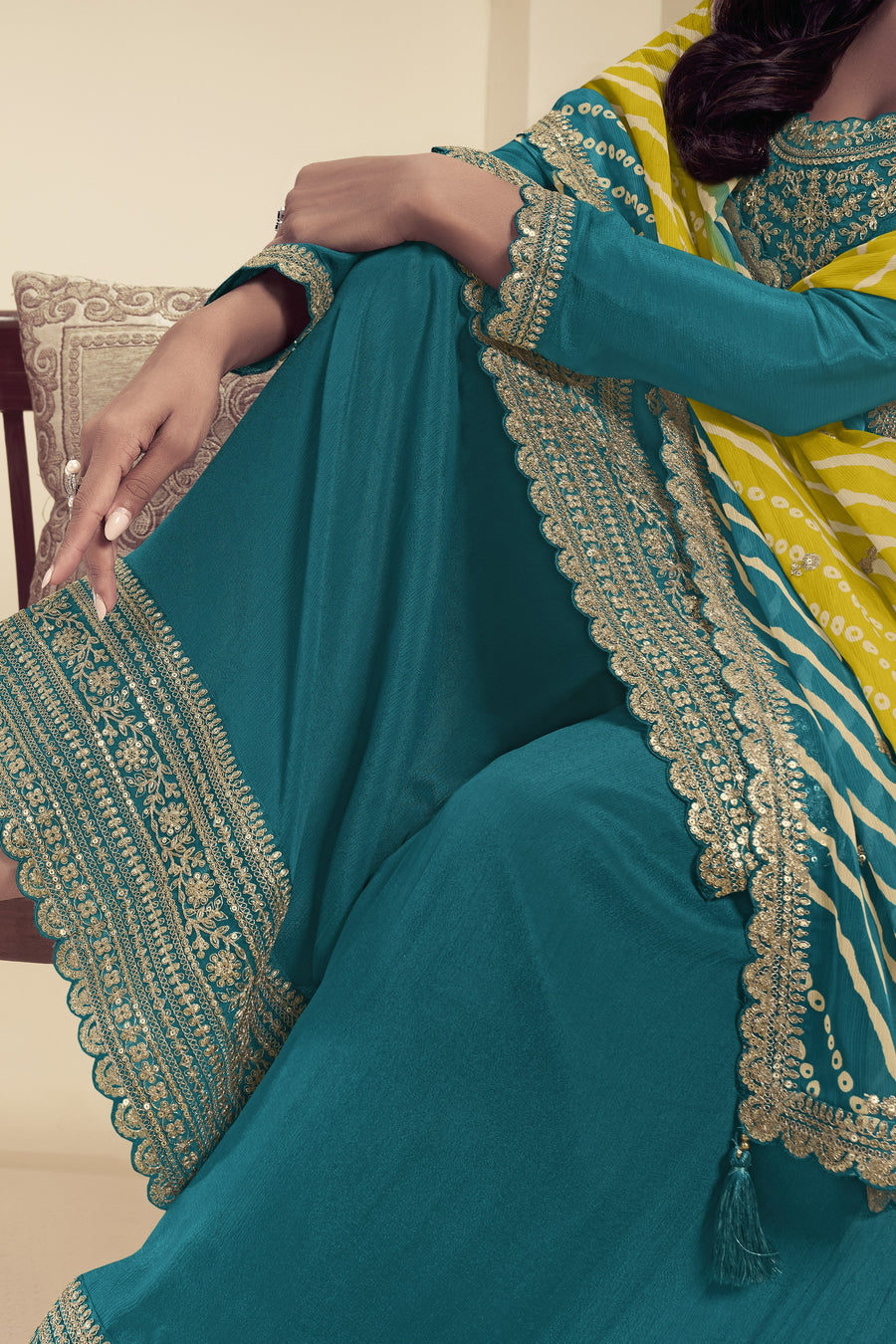 Teal Chinon Silk Palazzo Suit For Indian Wedding & Pakistani Festival - Embroidery Work, Print Work