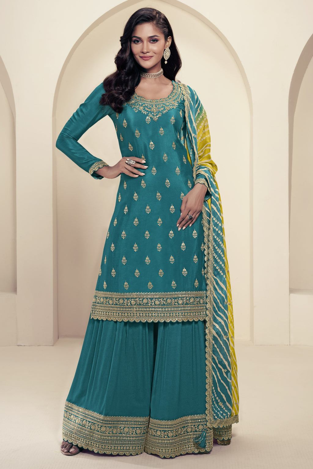 Teal Chinon Silk Palazzo Suit For Indian Wedding & Pakistani Festival - Embroidery Work, Print Work