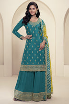 Teal Chinon Silk Palazzo Suit For Indian Wedding & Pakistani Festival - Embroidery Work, Print Work